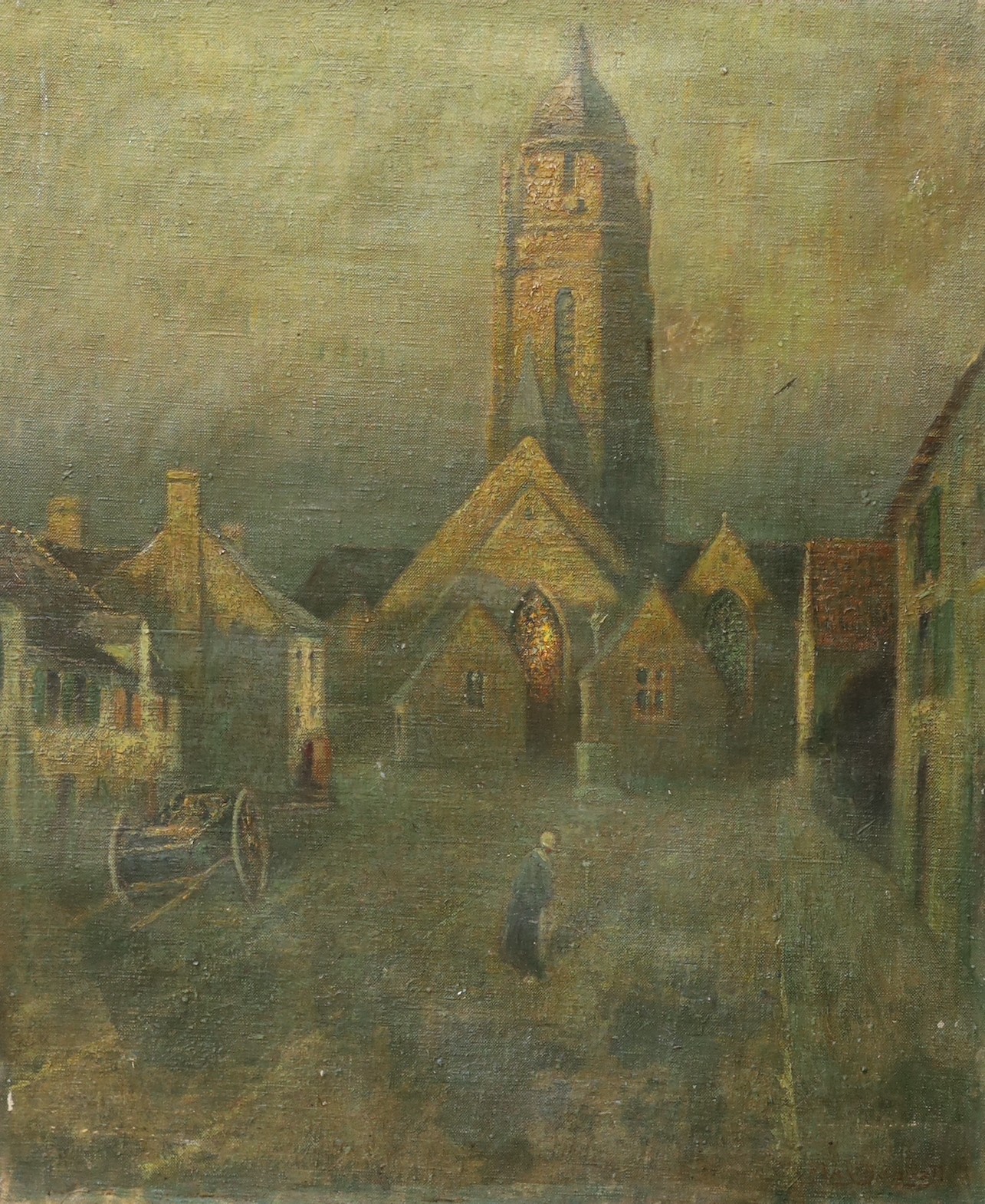 Late 19th century French School, oil on canvas, Figure before a church at twilight, indistinctly signed, 55 x 46cm, unframed